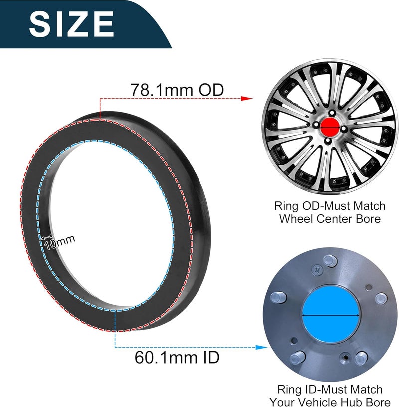 TUCKBOLD Car Wheel Hub Centric Rings Durable Wheels Center Shaft Shock Absorbing Hubrings Black 2 Pcs OD 78.1mm to ID 60.1mm Polycarbonate - Image 3